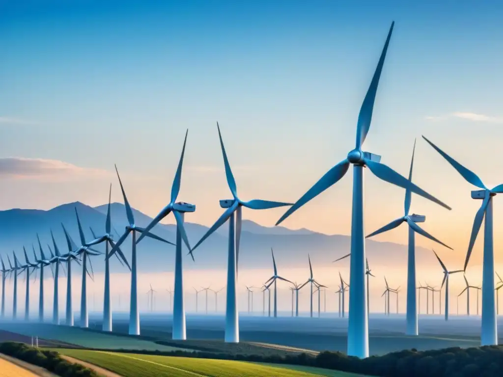 Un campo de turbinas eólicas futuristas destaca en el cielo azul