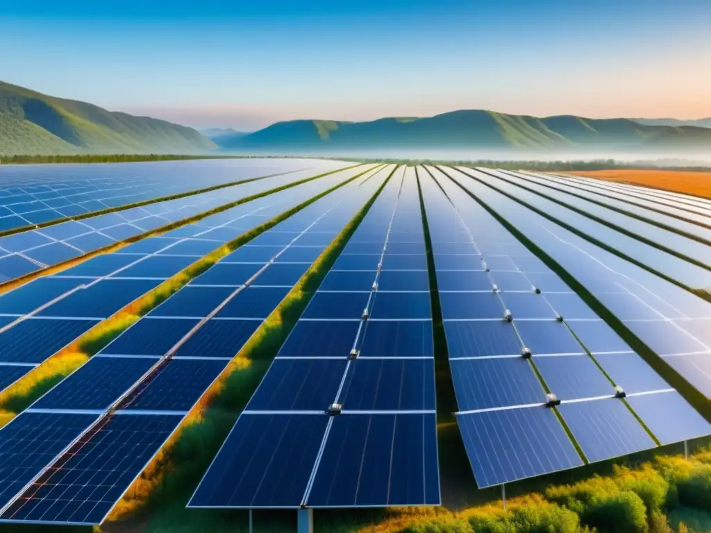 Un campo vasto de paneles solares bajo un cielo azul, reflejando la luz del sol en perfecta alineación