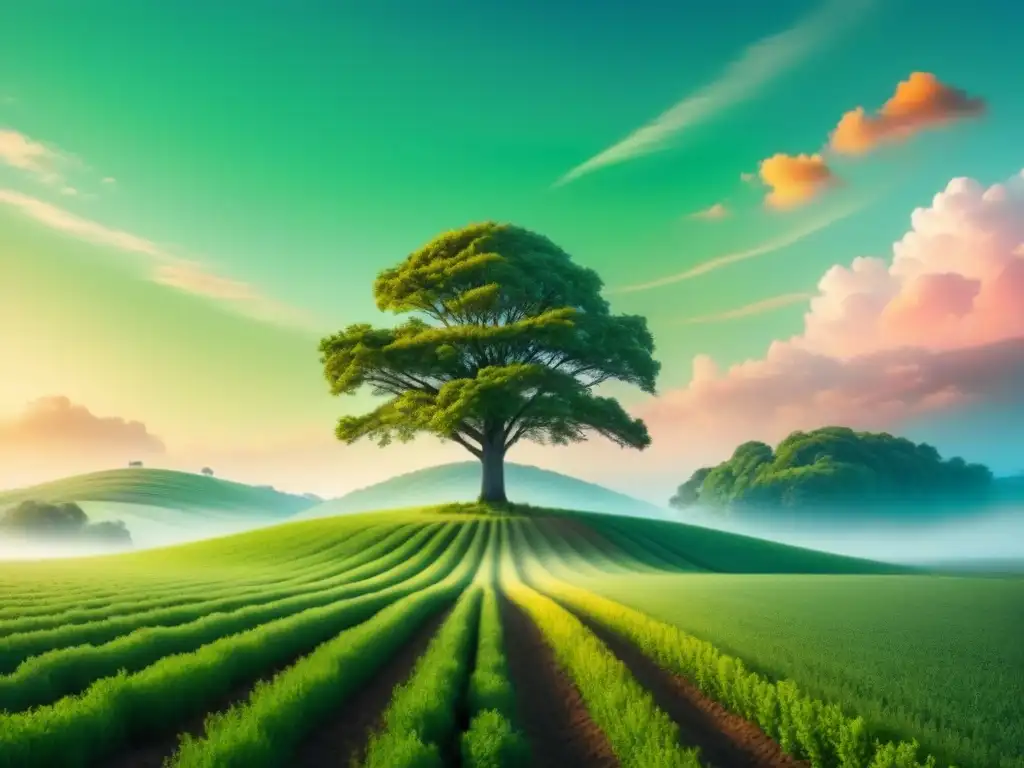 Un campo verde con un árbol en el centro proyectando una sombra en forma de símbolo de reciclaje, cielo pastel