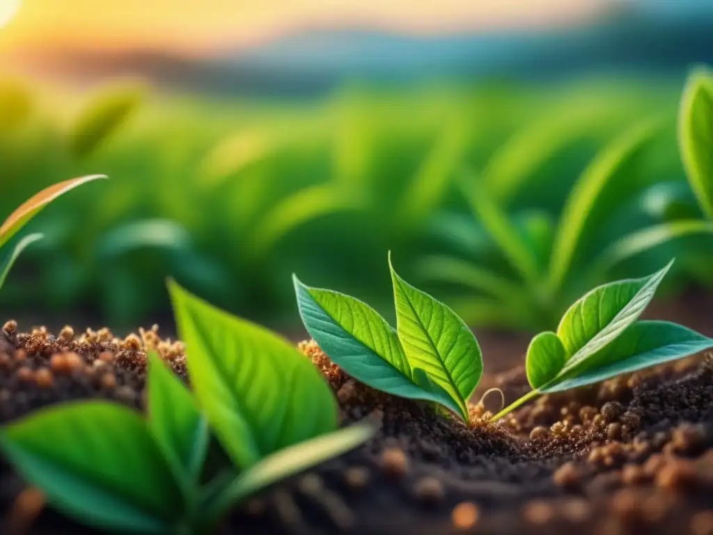 Campo verde al atardecer con nanopartículas brillantes integradas en hojas