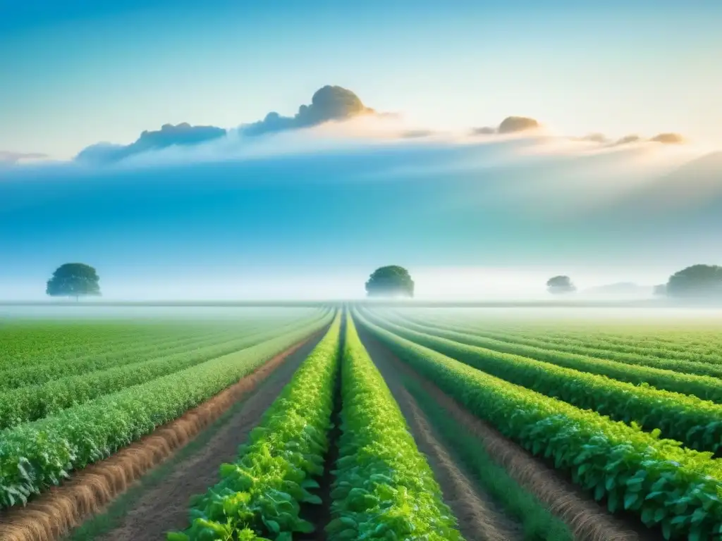 Campo verde con cultivos alineados bajo cielo azul