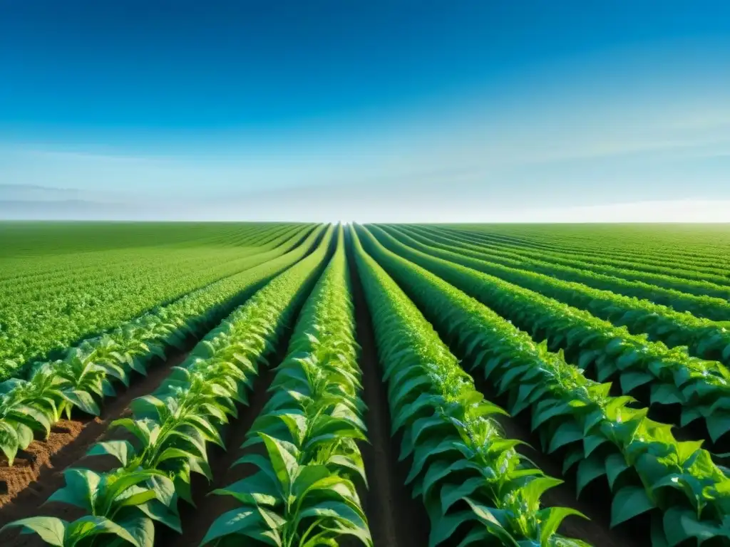 Campo verde con cultivos modificados genéticamente bajo cielo azul claro, simbolizando el impacto de la biotecnología agro sostenible