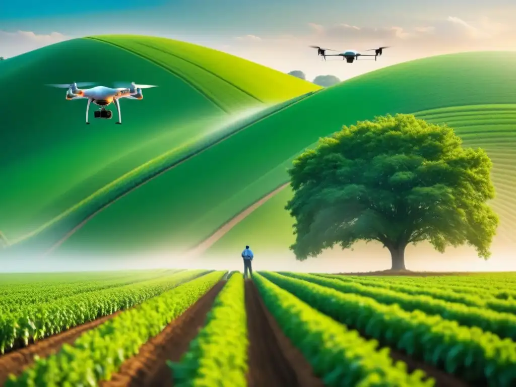 Campo verde con cultivos monitoreados digitalmente y agricultor analizando datos bajo un árbol