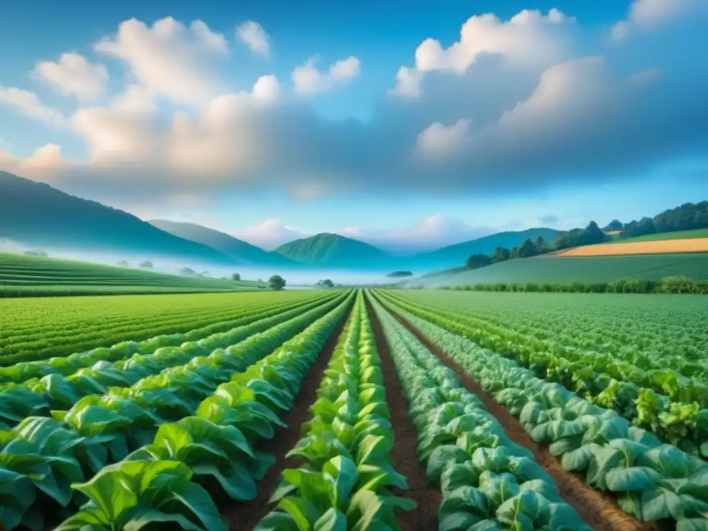 Campo verde con cultivos orgánicos alineados bajo cielo azul, muestra la belleza de la producción alimentos orgánicos biotecnología