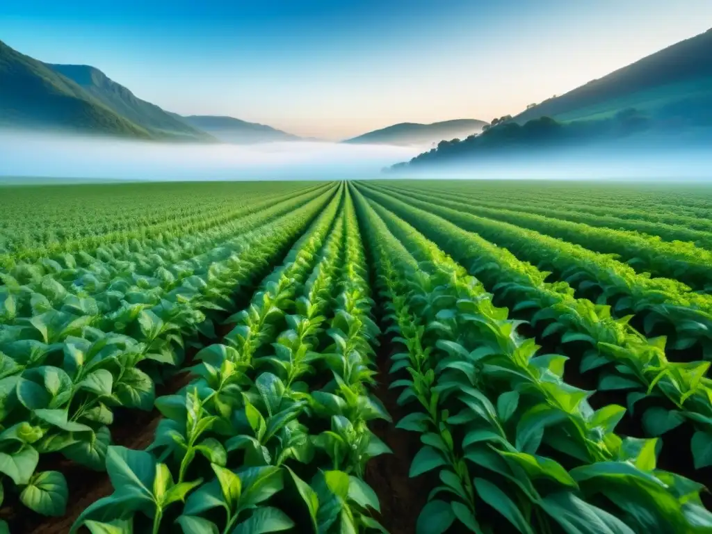 Campo verde con cultivos saludables bajo cielo azul, ejemplifica biocontrol natural para proteger cultivos