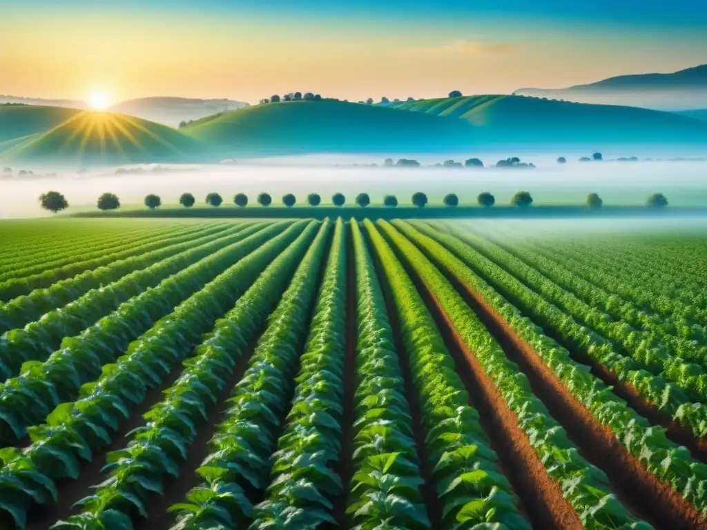 Campo verde extenso con cultivos modificados genéticamente, bañados por la luz dorada del atardecer