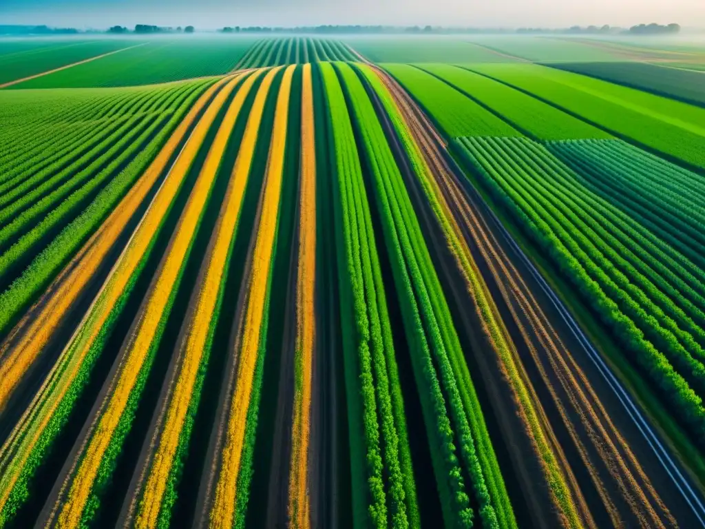 Campo agrícola verde extenso con cultivos en hileras precisas, muestra la agricultura de precisión sostenible