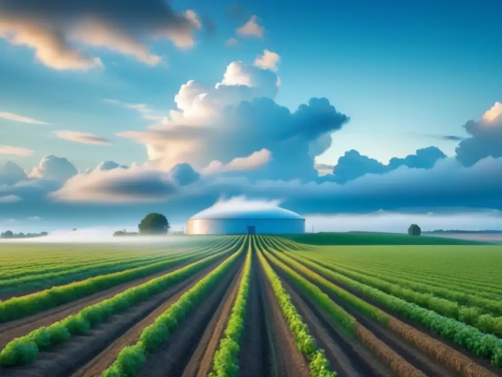 Un campo verde extenso con modernas plantas de biogás a partir de residuos, bajo un cielo azul claro con nubes