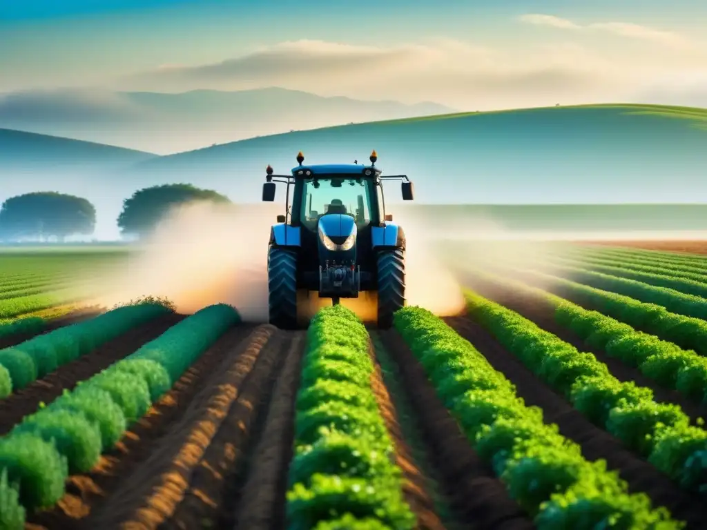 Un campo verde extenso con un tractor moderno a lo lejos, simbolizando la tecnología en agricultura sostenible