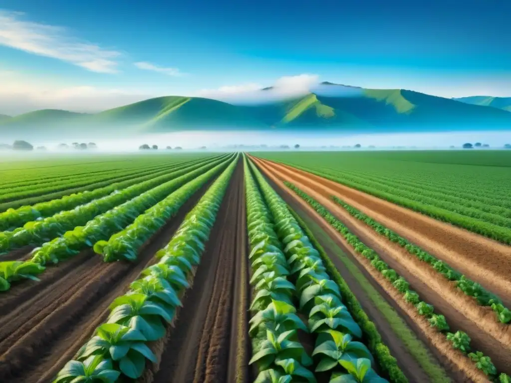 Un campo agrícola verde exuberante con agricultores colaborando en el Manejo integrado de plagas sostenible