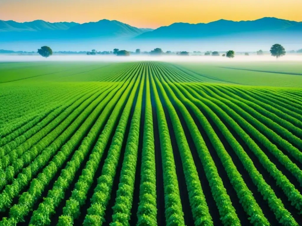 Un campo agrícola verde exuberante se extiende bajo un cielo azul, con sistemas de riego precisos