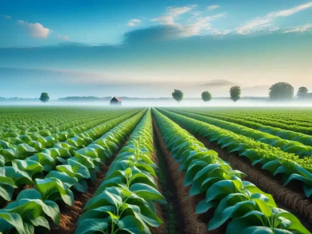Campo verde sereno: armonía agrícola sostenible Un campo verde exuberante bajo el cielo azul, con cultivos en filas ordenadas