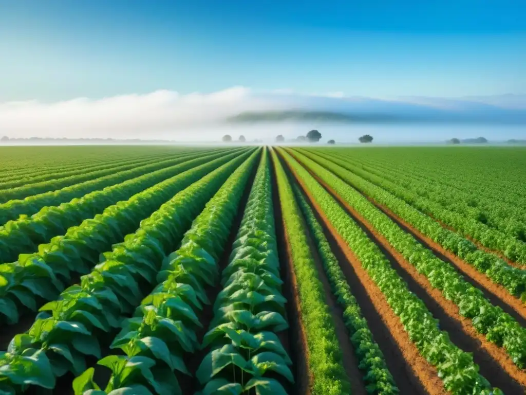 Un campo verde exuberante bajo el cielo azul, con cultivos jóvenes alineados