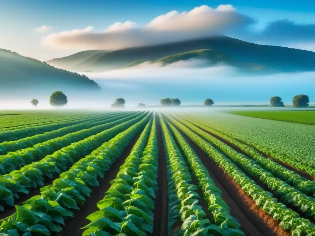 Campo verde exuberante bajo cielo azul con cultivos vibrantes en hileras