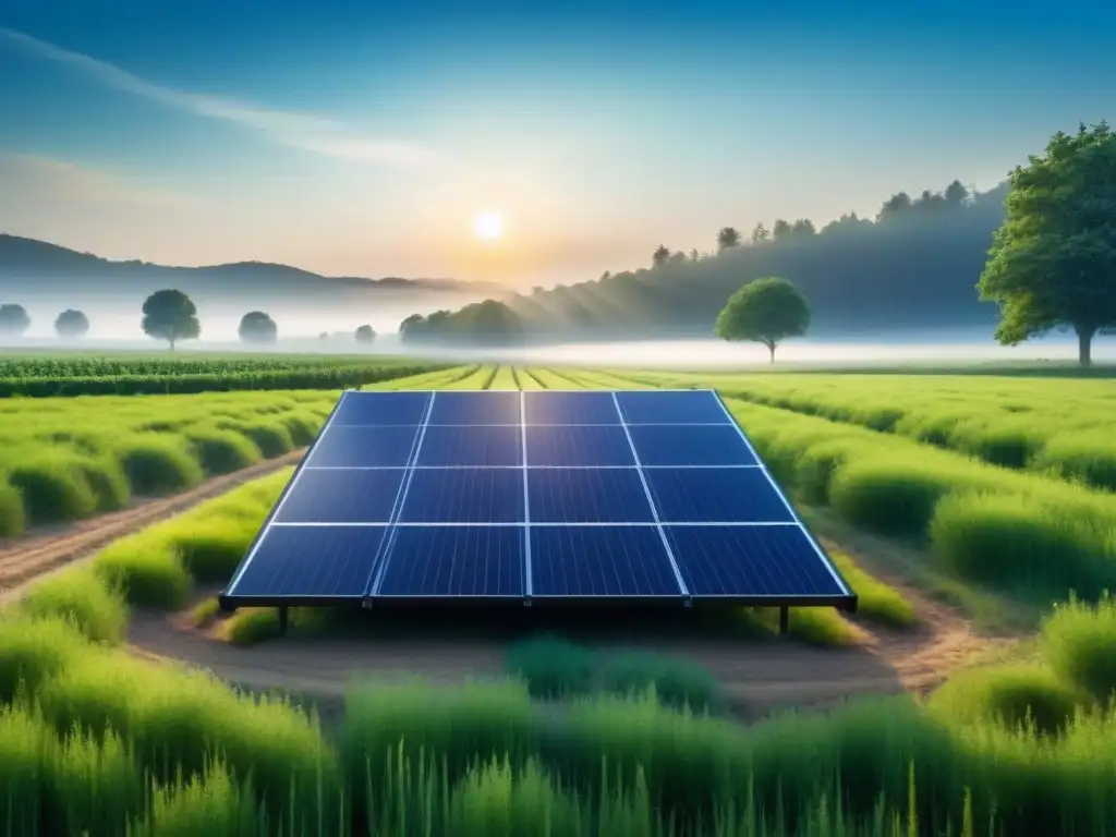 Un campo verde exuberante bajo un cielo azul, con un panel solar orgánico integrado armoniosamente