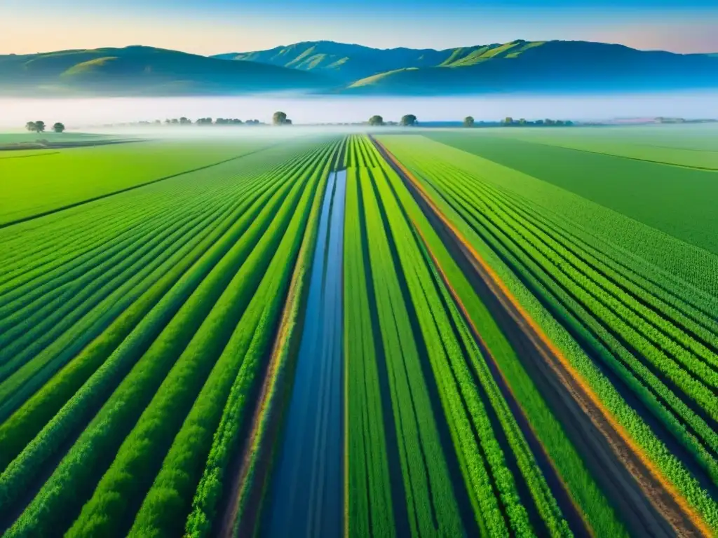 Un campo agrícola verde exuberante bajo cielo azul, con un sensor fotónico integrado