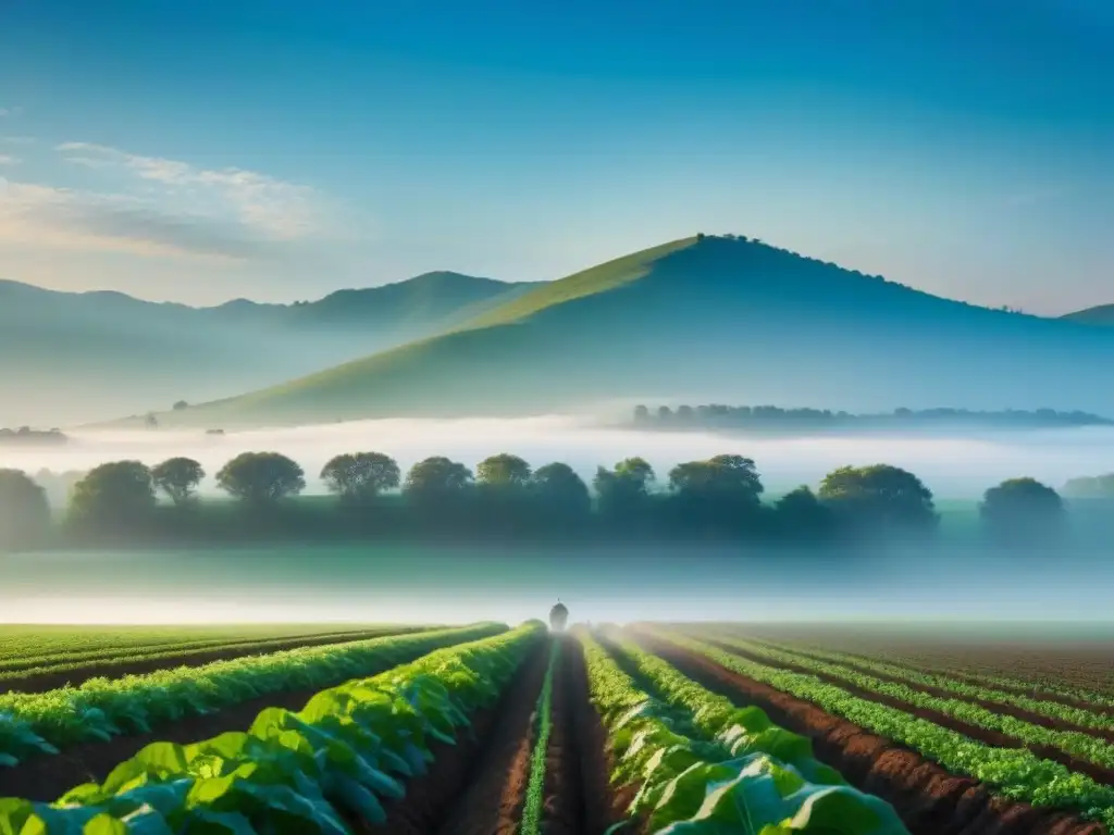 Un campo verde exuberante bajo un cielo azul, agricultores diversos trabajando en armonía