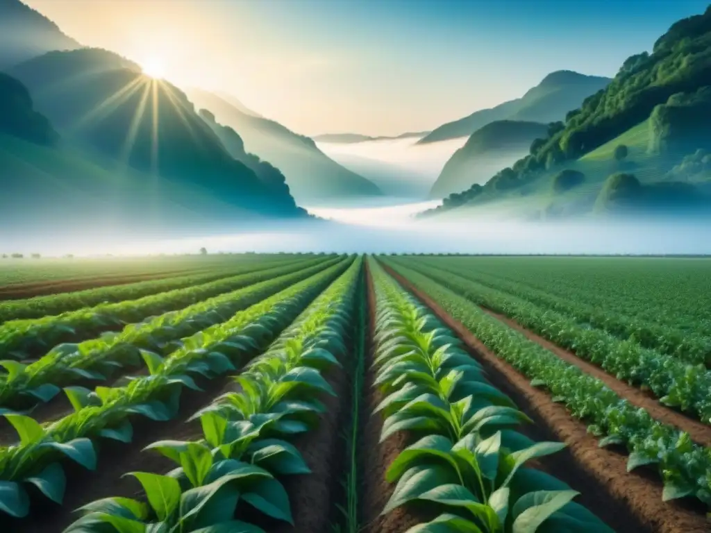 Campo agrícola verde y exuberante con control de plagas mediante nanopartículas, bañado por luz dorada