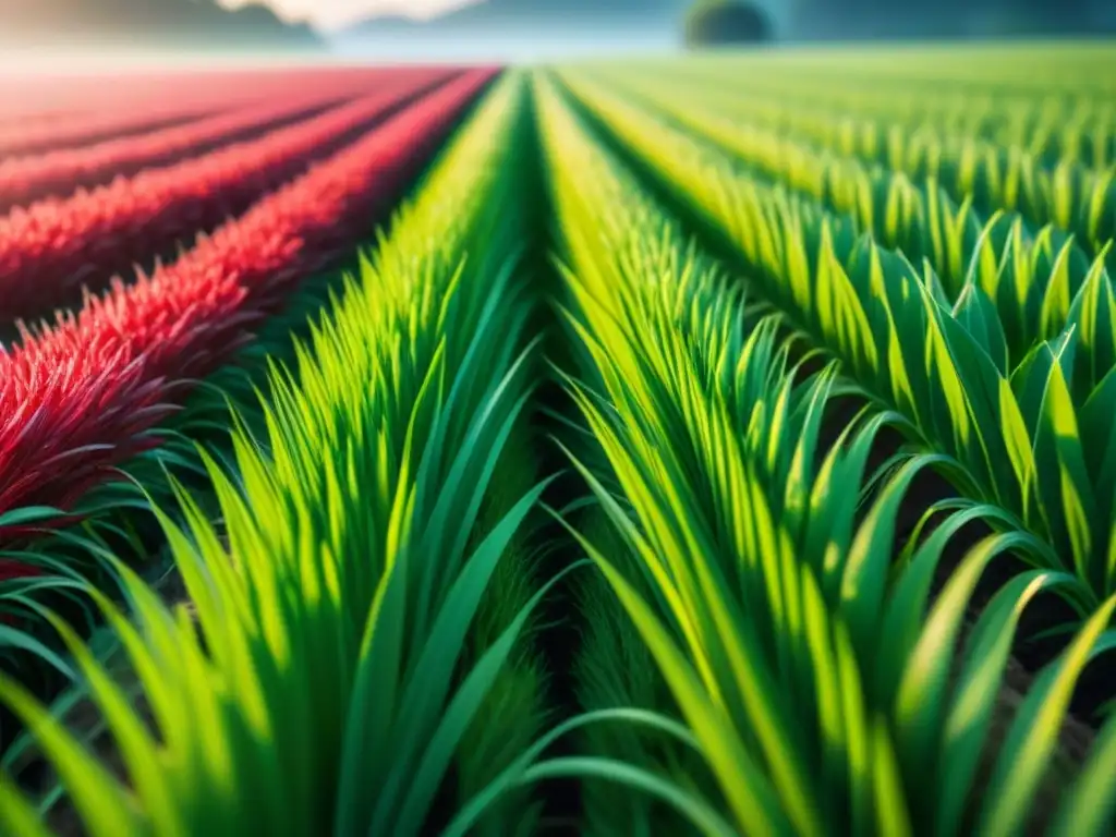 Campo agrícola nanoingenierizado: nanobots tecnológicos cuidando cultivos Un campo agrícola verde exuberante, cuidado por minúsculos nanobots, muestra la integración perfecta de la nanotecnología en la agricultura sostenible