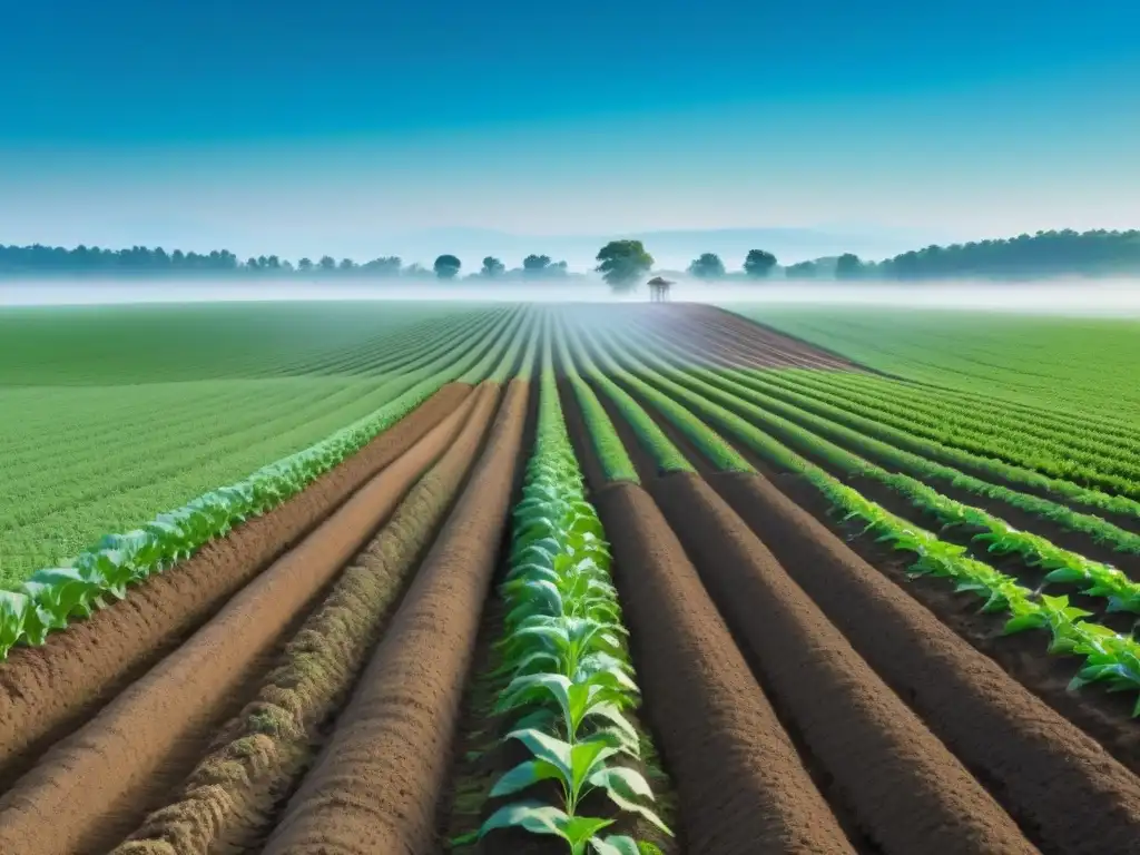 Un campo verde exuberante con cultivos alineados bajo un cielo azul
