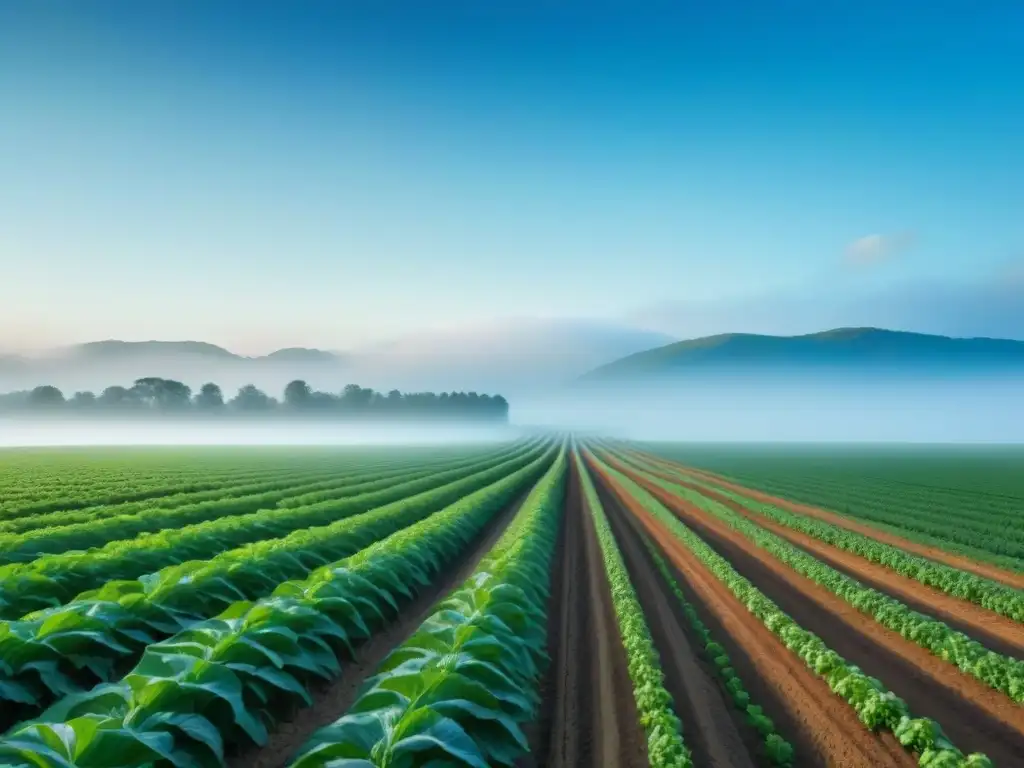 Un campo verde exuberante con cultivos ordenados bajo un cielo azul