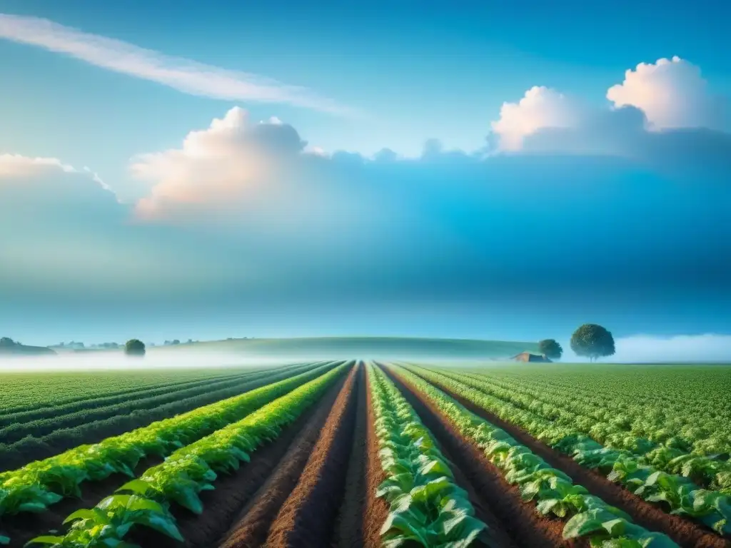 Un campo verde exuberante con cultivos en hileras bajo el cielo azul