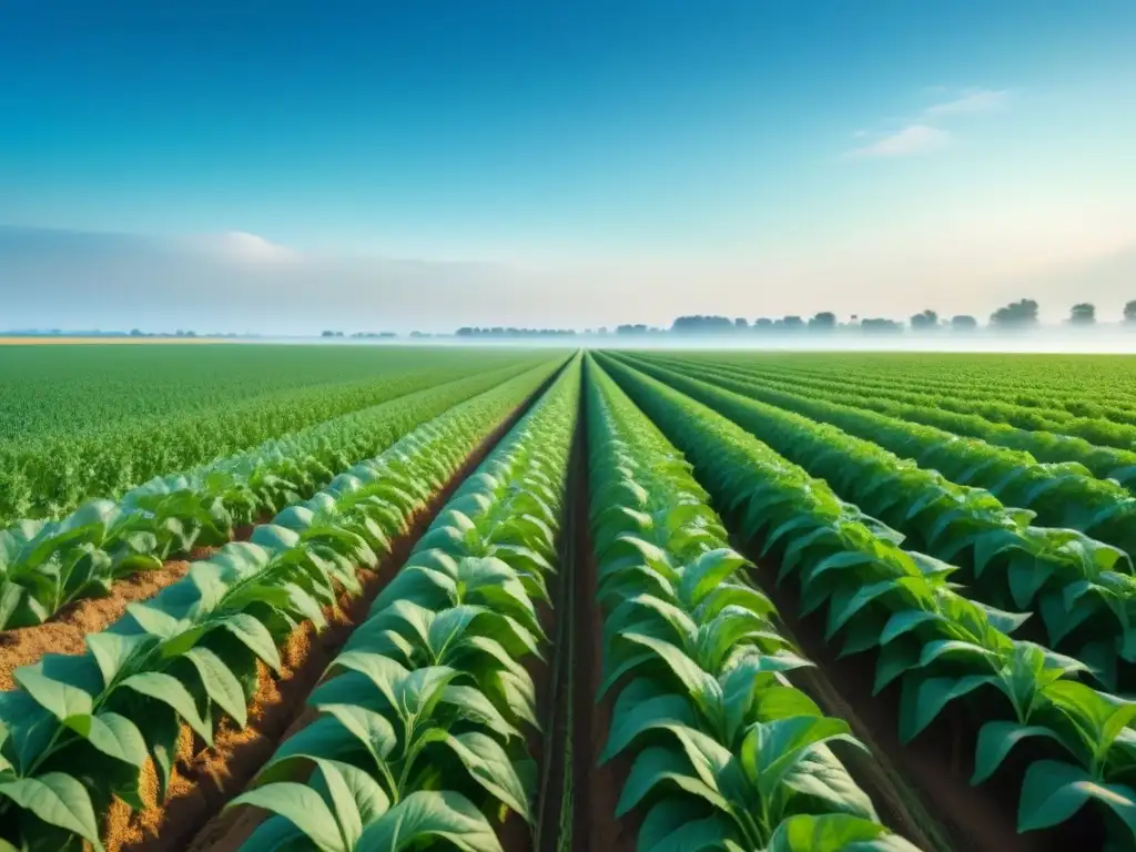 Campo verde exuberante con cultivos modificados genéticamente bajo cielo azul