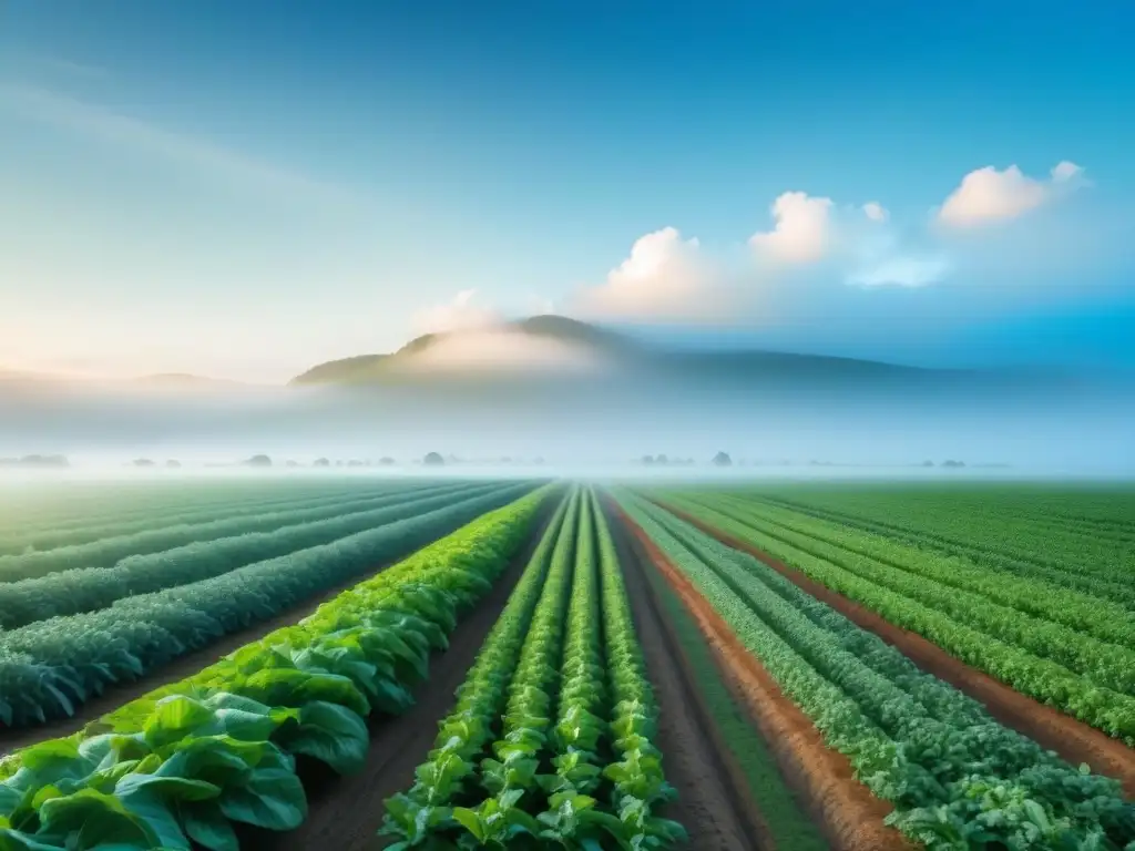 Un campo verde exuberante con cultivos en filas, bañado por la luz del sol