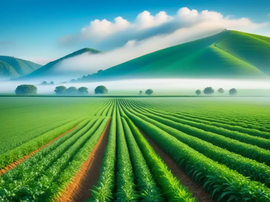 Un campo verde exuberante con cultivos vibrantes bajo un cielo azul claro