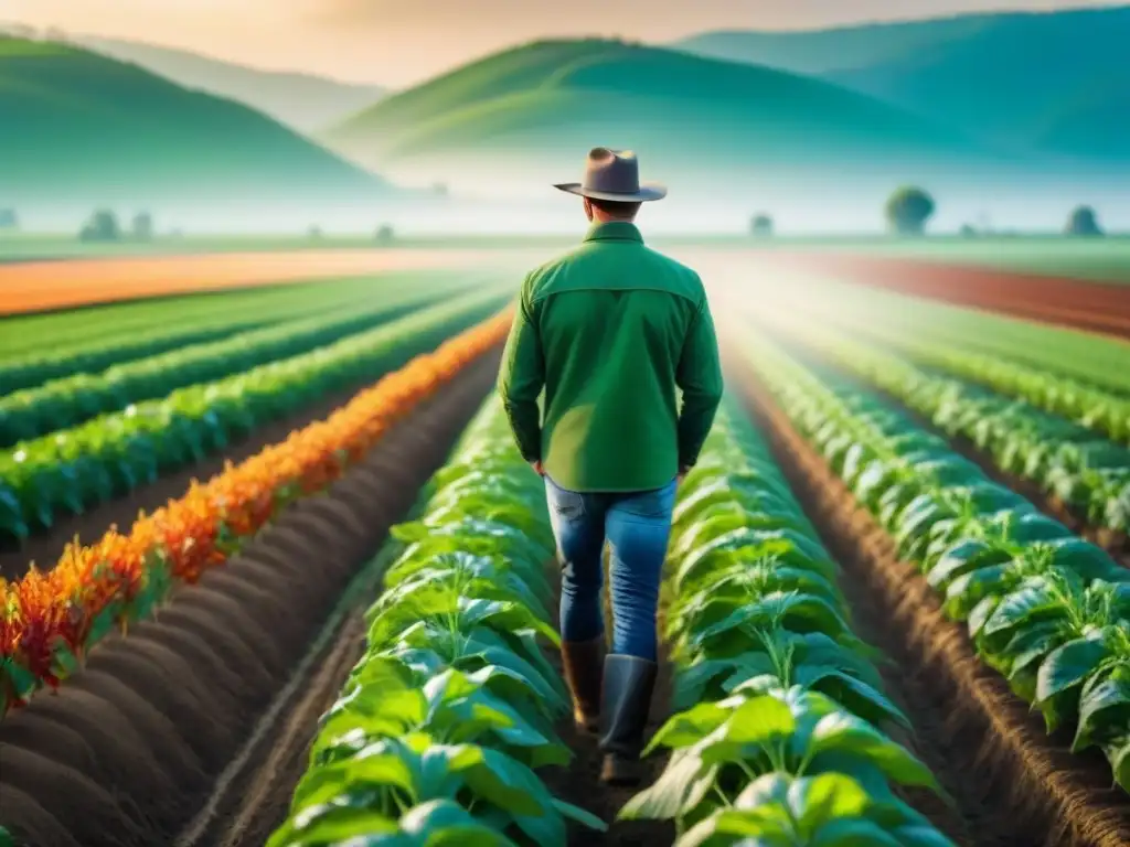 Un campo verde exuberante con cultivos vibrantes bajo el sol, muestra la biotecnología en agricultura sostenible