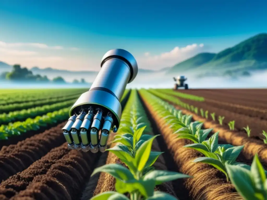 Un campo verde exuberante con cultivos alineados bajo un cielo azul