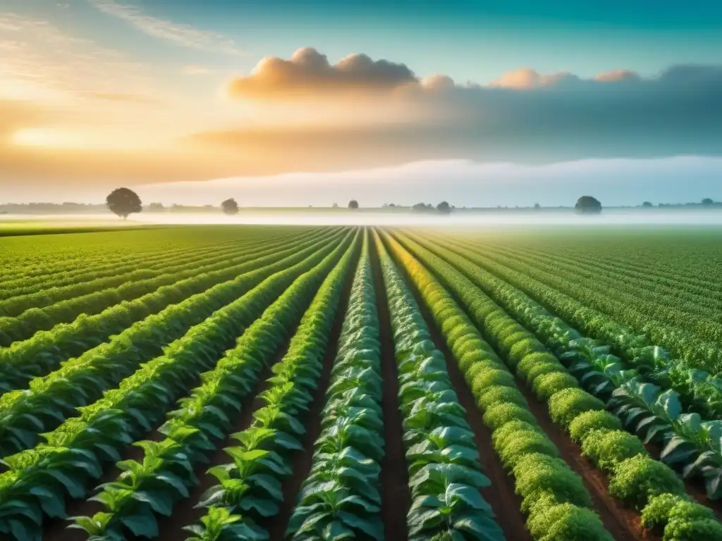 Un campo verde exuberante con cultivos en filas perfectas bajo el sol dorado: la agricultura de precisión para mitigar riesgos ambientales