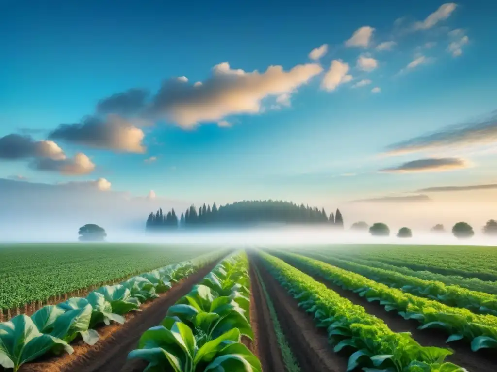 Un campo verde exuberante con cultivos diversos bajo un cielo azul claro