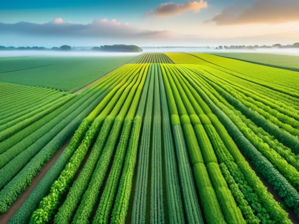 Un campo verde exuberante con cultivos alineados, tecnología agrícola avanzada y drones