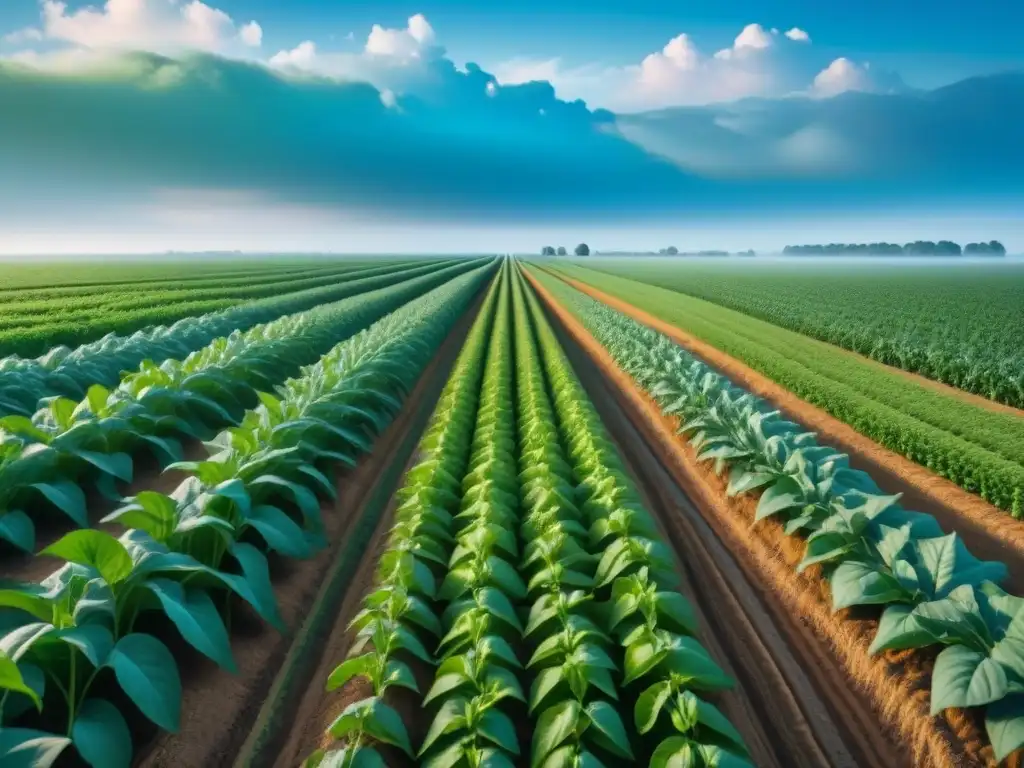 Un campo verde exuberante de cultivos transgénicos, mostrando filas de plantas alineadas con colores vibrantes bajo un cielo azul claro