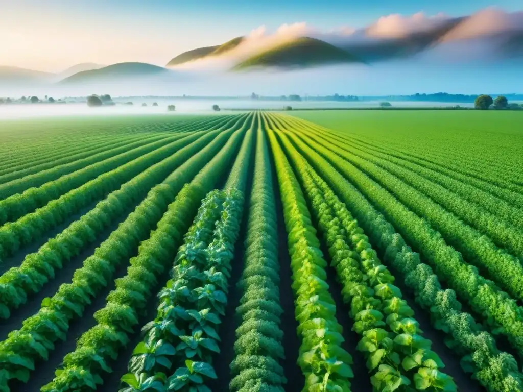 Campo agrícola verde exuberante con cultivos editados genéticamente, eficiencia y sostenibilidad