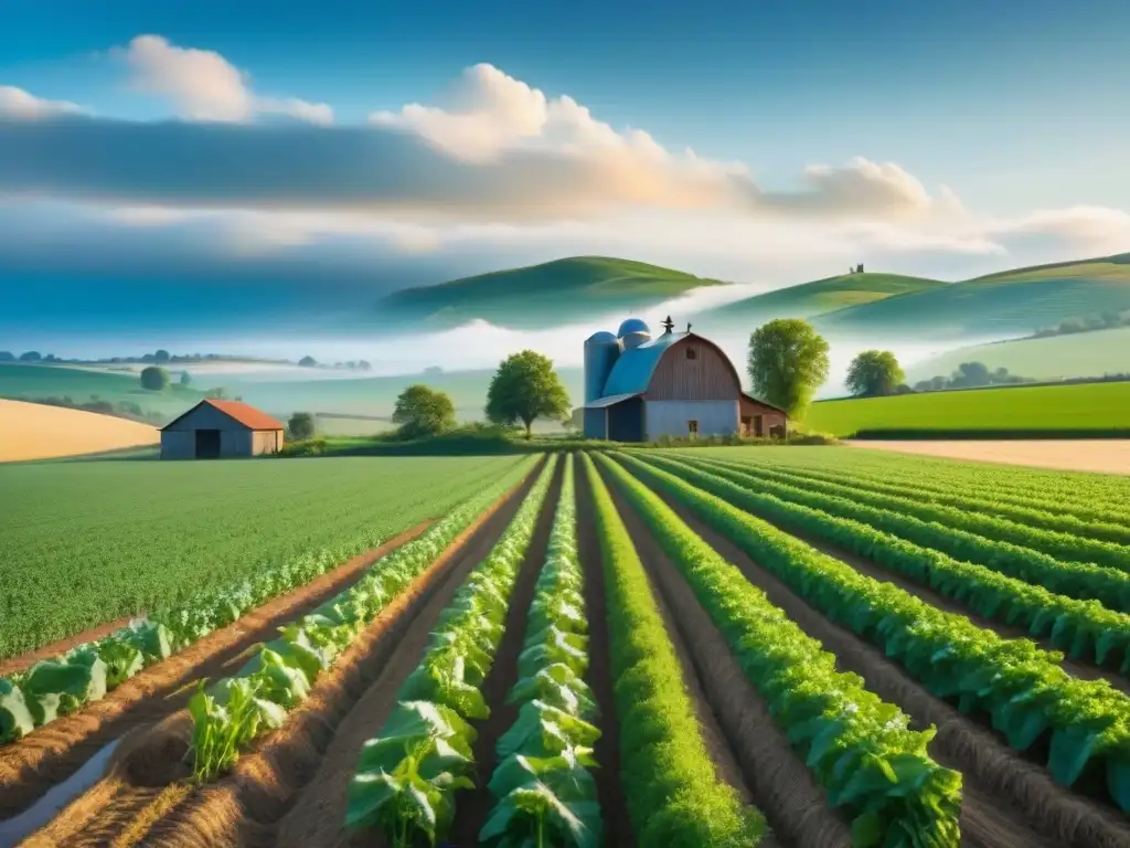 Un campo verde exuberante con cultivos ordenados bajo un cielo azul