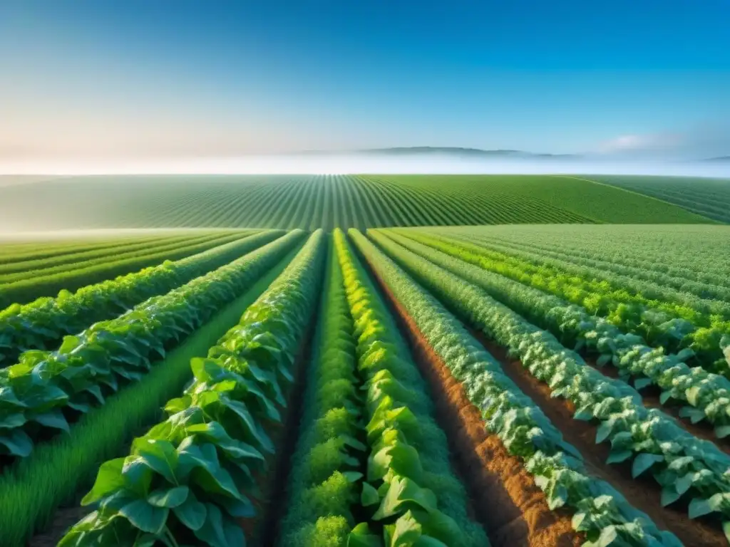 Campo verde exuberante con cultivos perfectamente alineados Un campo verde exuberante con cultivos alineados bajo un cielo azul