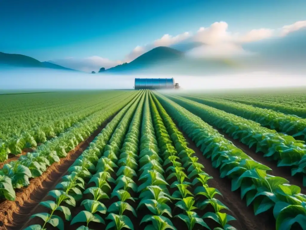 Campo agrícola verde exuberante con cultivos vibrantes bajo cielo azul