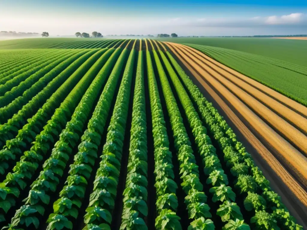 Un campo verde exuberante con cultivos alineados meticulosamente en patrones geométricos, iluminado por el sol