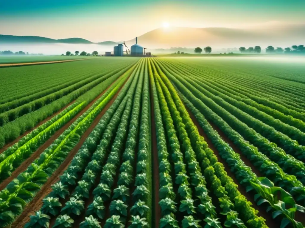Campo verde con nanotecnología Campo verde exuberante con cultivos brillantes y estructuras nanotecnológicas, fusionando tecnología y agricultura sostenible