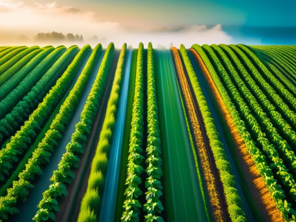 Un campo verde exuberante con cultivos perfectamente alineados, iluminado por el sol, muestra la eficiencia de la Agricultura de precisión sustentable