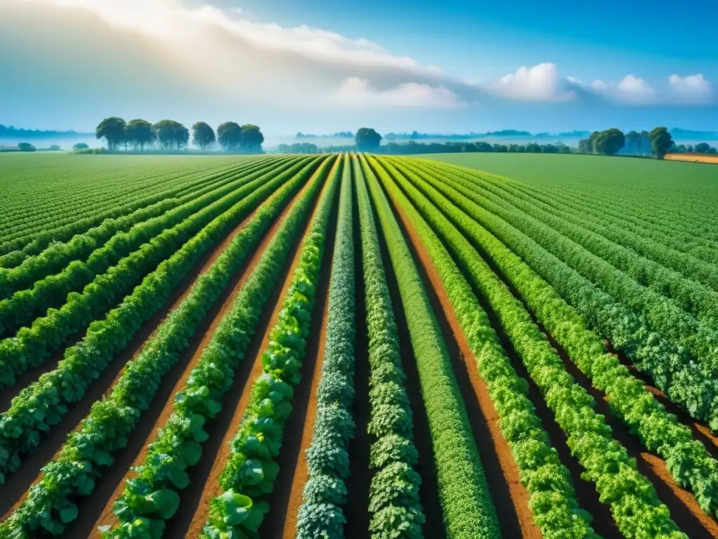 Un campo verde exuberante y detallado, cosechas vibrantes bajo el cielo azul