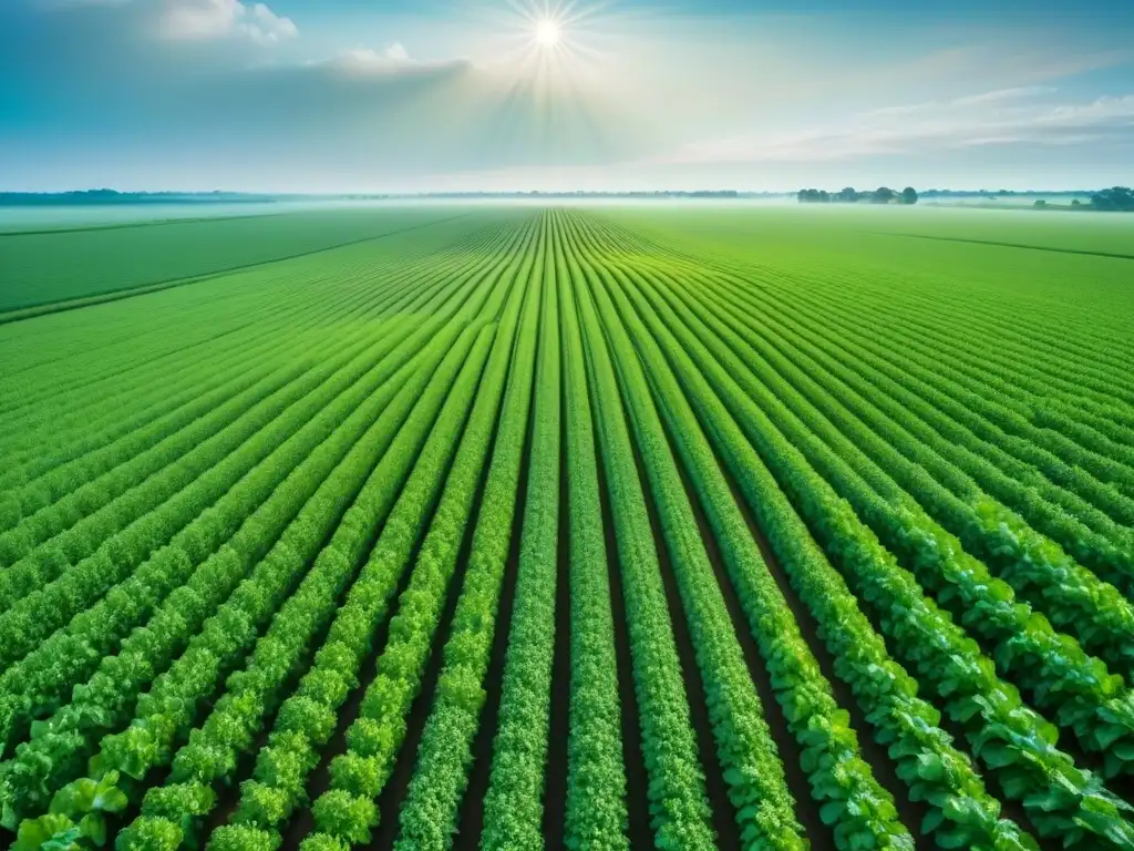 Un campo agrícola verde exuberante dividido en filas perfectas, con un satélite GPS en el cielo