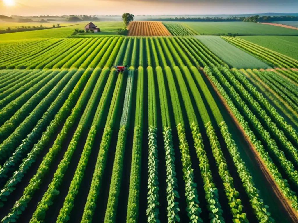 Campo agrícola verde exuberante con filas de cultivos alineados, luz cálida resalta plantas vibrantes