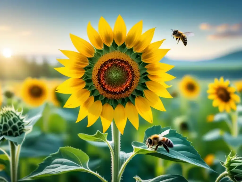 Un campo verde exuberante con flores silvestres vibrantes y abejas zumbando alrededor de un girasol, mostrando la bioremediación en acción