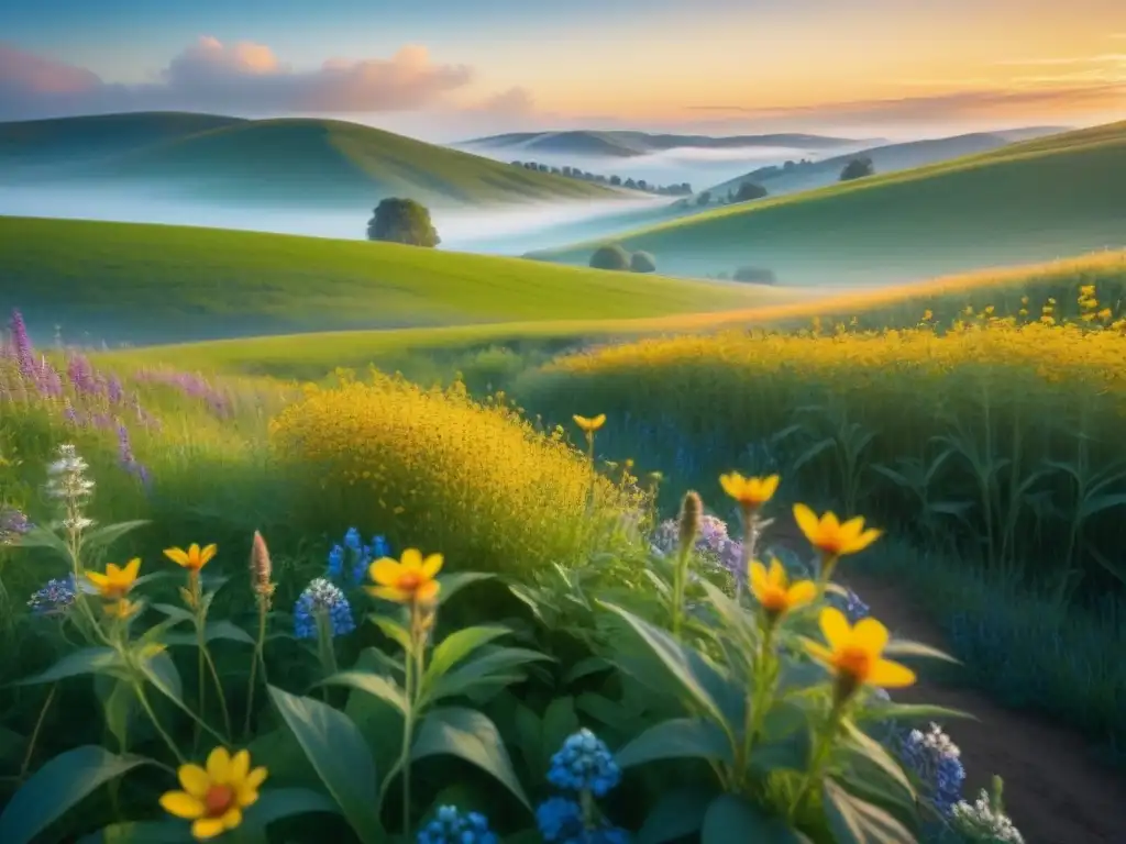 Un campo verde exuberante con flores silvestres vibrantes bajo el cielo azul