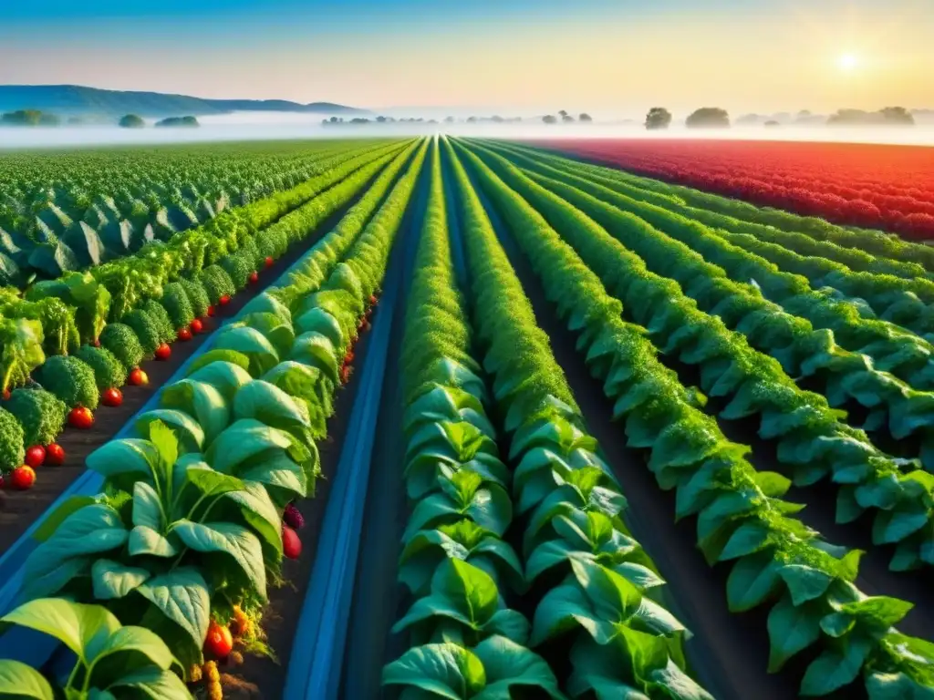 Un campo agrícola verde exuberante con frutas y verduras coloridas, destacando la innovación en alimentos funcionales sostenibles