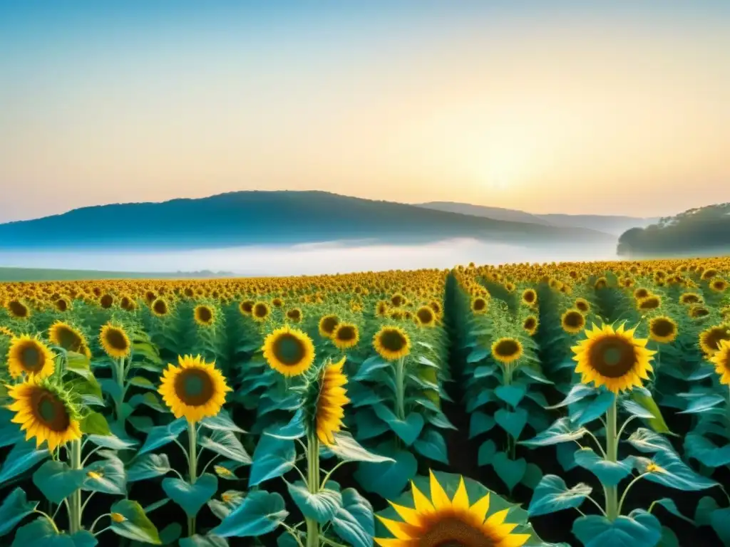 Campo verde exuberante con girasoles vibrantes bajo el cielo azul, transmitiendo paz y serenidad, biocombustibles sostenibles impacto ambiental