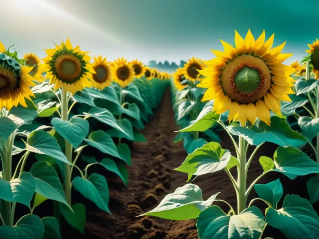 Un campo verde exuberante con girasoles alcanzando el cielo, abejas revoloteando